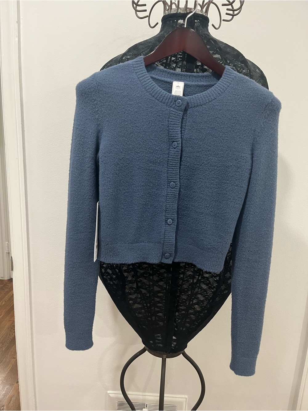 ALO snuggle Soft Blue Cropped Button-Front Sweater Cardigan